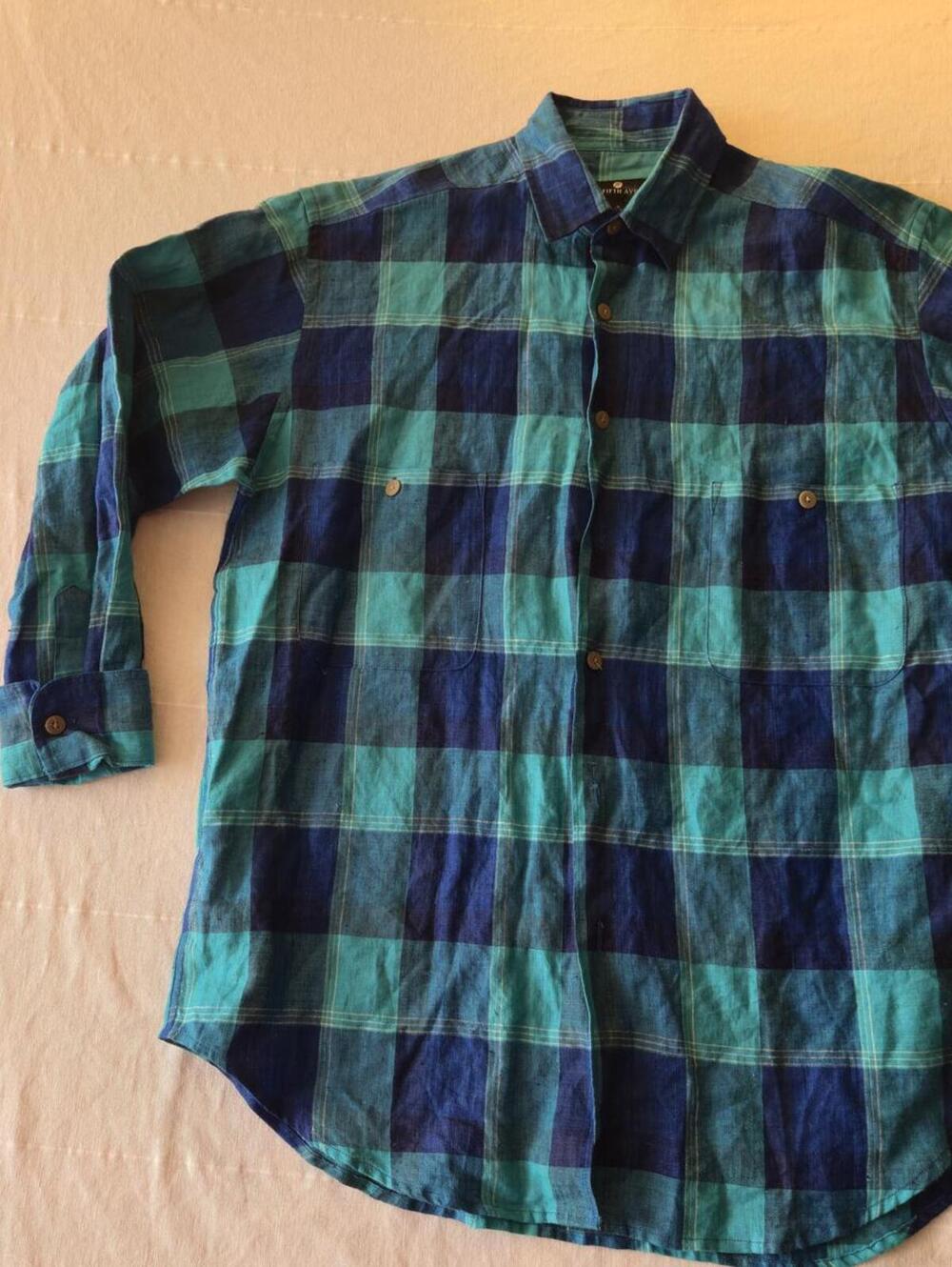 Saks Fifth Avenue Blue Teal Plaid Button-Up Shirt Size S Cotton Linen Blend